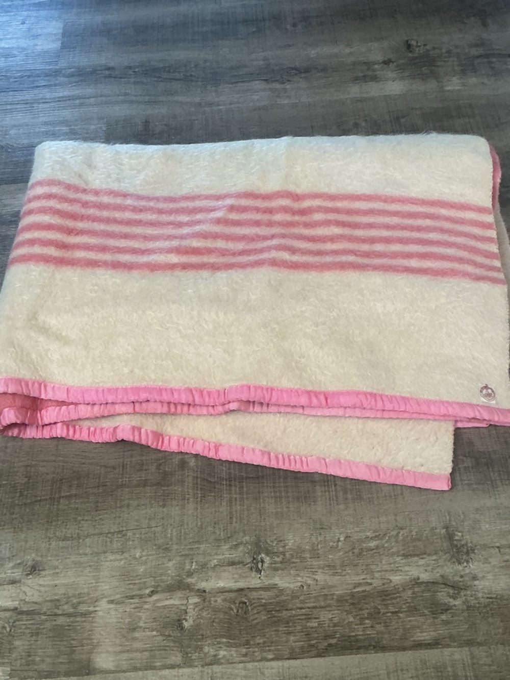 Vintage Early 1900s Wool Blanket Cream Pink Stripes Sheep Ram Head Logo Satin